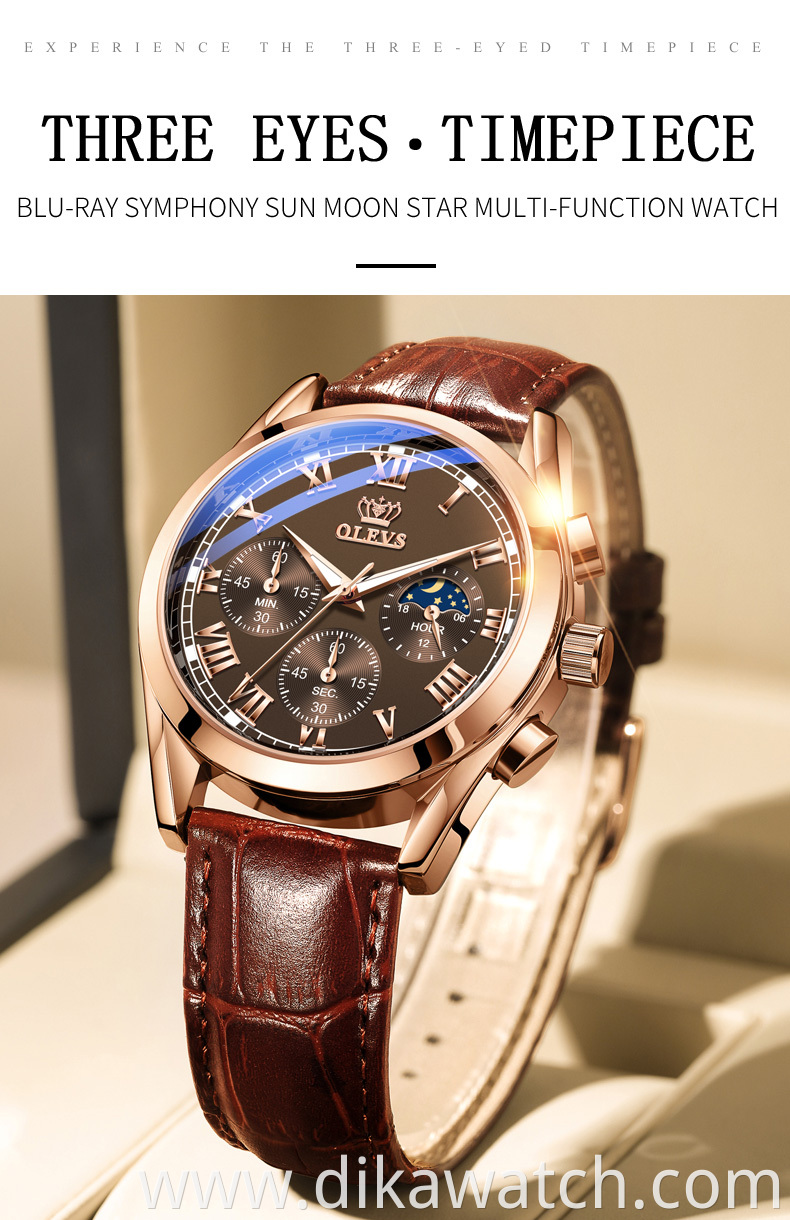 OLEVS 2871 Multifunctional Sports Watches Leather Luxury Fashion Genuine Leather Man Wristwatch Waterproof Luminous Men's Watch